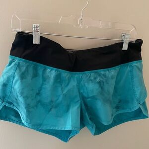 Lululemon Speed Short. Teal/blackish pattern with black waist.